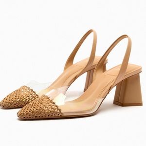 Zara block heel vinyl toe slingbacks